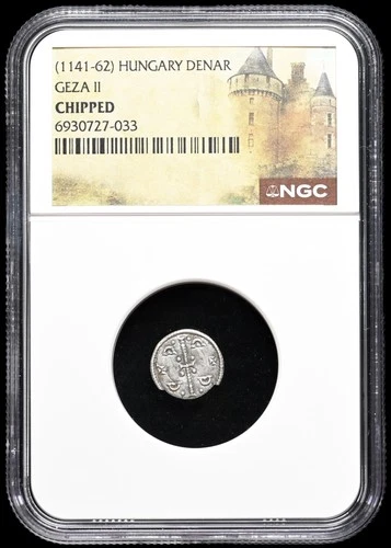 Medieval Silver Coin. Geza II. Hungary, 1141-1162AD. Cross. NGC Chipped. Scarce.