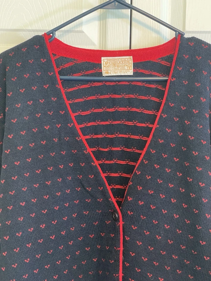 De Colección Pendleton Negro y Rojo Rosa Ojo de Pájaro Cárdigan Suéter Pequeño Hecho en EE. UU. Foto 2 de 4