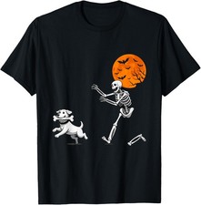 Funny Spooky Humor Halloween Skeleton Chasing Dog T-Shirt