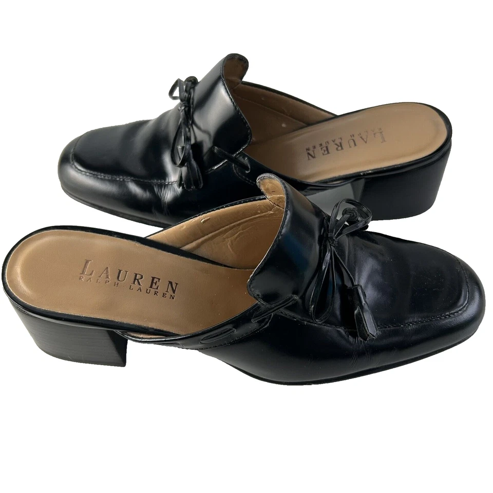 Zueco de mula de charol negro para mujer Lauren Ralph Lauren Beth borlas 6,5 Foto 2 de 4