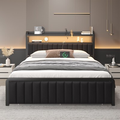 #ad Full Queen Size Bed Frame with 2 Tier Storage Headboard and Storage Drawers $181.29