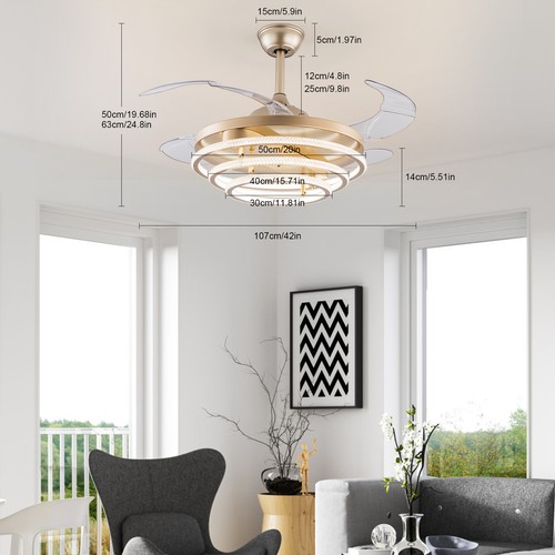 42" Retractable Ceiling Fan Light LED 3 Color 6 Speed Chandelier Lamp +Remote