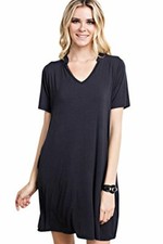 Bamboo Peasant Collar V-Neck Short Sleeve Shirt Dress Pockets S M L Black Blue