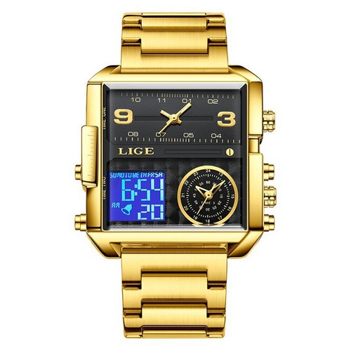 LIGE Herrenuhr Eckig Digital Sportuhren Marke Männlich Quarz Stahl Armbanduhr - Bild 21 von 33