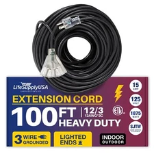 100ft Power Outdoor Extension Cord & Indoor - Waterproof Electric Drop Cord