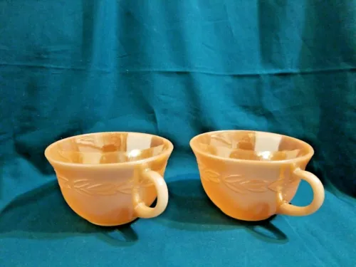 Vintage Fire King Oven Ware Peach Luster Laurel Leaf Coffee Cup Set Of 2