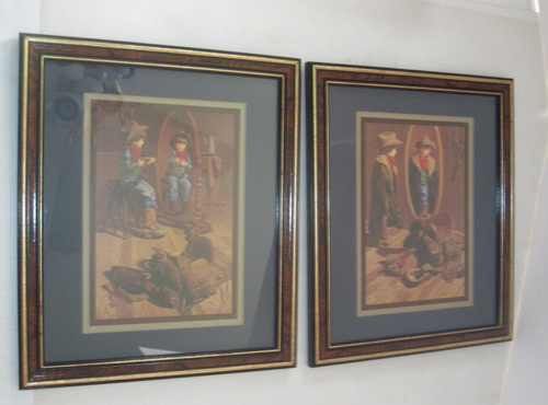 Pair of Vintage Western Themed Prints Young Cowboy in Mirror 11.5x13.5 - Picture 2 of 16