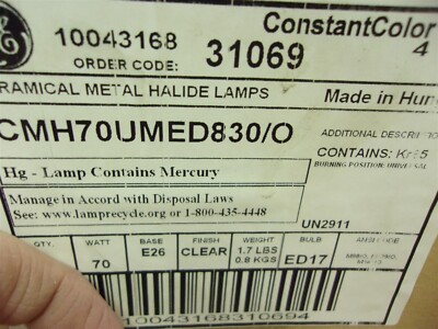 NEW GE 31069-CHM70UM ED830/0 Ceramical Metal Halide Lamp 70W E26 Clear