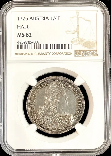 1725 HALL AUSTRIA SILVER 1/4 THALER CHARLES VI COIN NGC MINT STATE 62 PQ