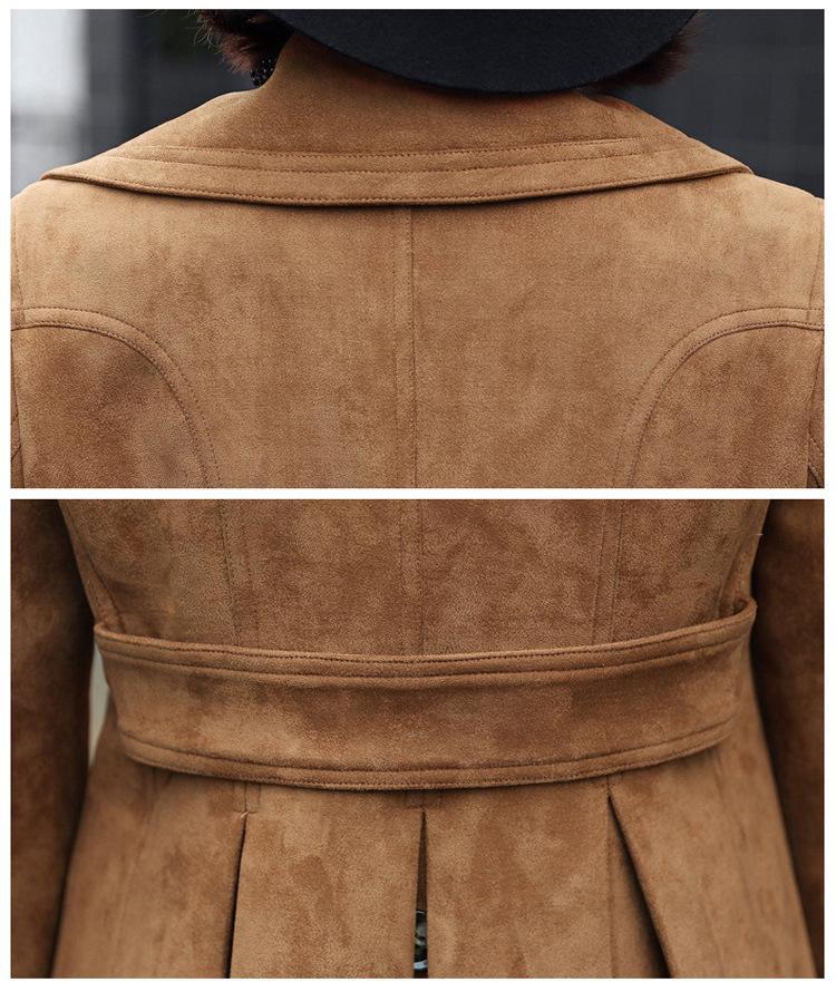 Womens Faux Suede Jacket Double-breasted Long Trench Coat