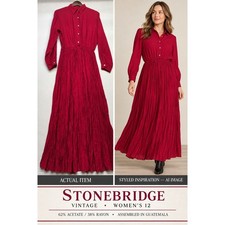 Vintage 80s Stonebridge Maxi Dress Womens 12 Red Broomstick Pleated Prairie