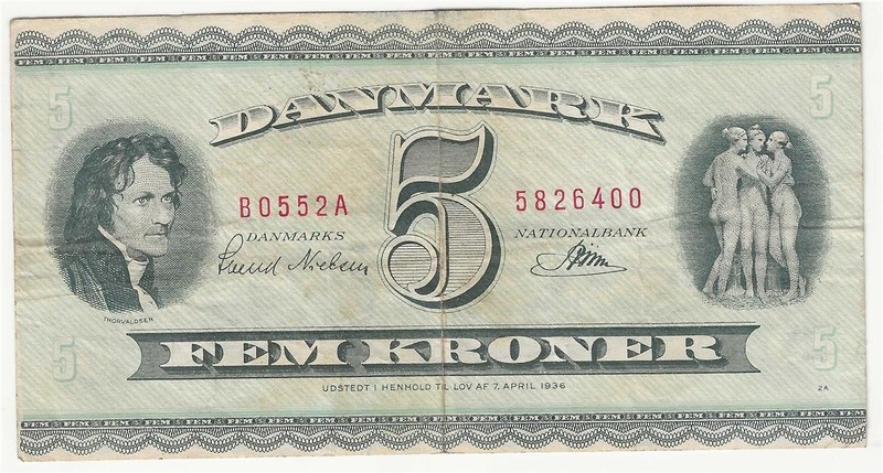 DENMARK  5 KRONER BANKNOTE  1954-5  P42f    VERY FINE