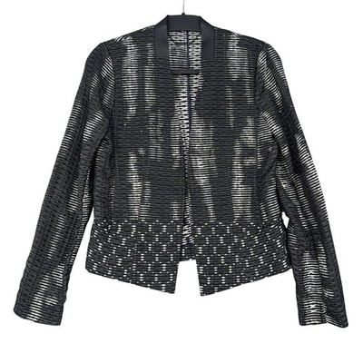 Elie Tahari Womens Black White Textured Open Front Jacket Lamb Leather Trim Sz 6