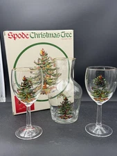 Spode Christmas Tree Carafe Set with 2 Wine Glasses Gold Rim 3pc with Box