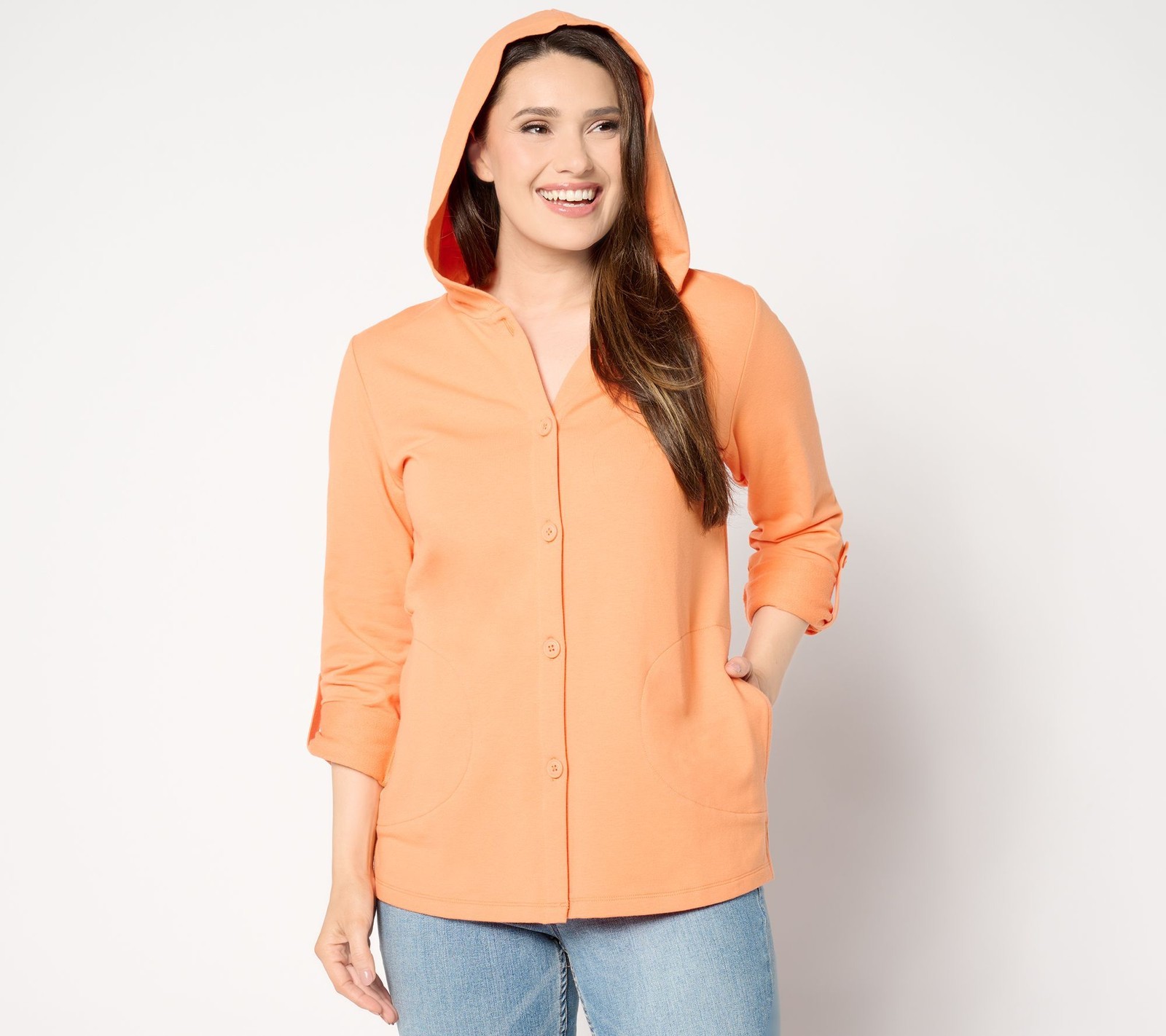Denim & Co. Women's Jacket Sz S Beach French Terry Roll Tab Orange A643843