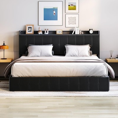 Full Lift Up Storage Bed Frame Upholstered Hydraulic Metal Platform Headboard