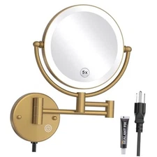 Lighted Makeup Mirror Wall Mount, 5X LED Brushed Moderne Brass Plug Powered