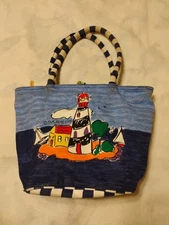 Sally Huss SUNNY THOUGHTS lighthouse Bag Canvas Cotton Sun N Sand Vintage Purse