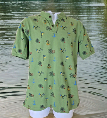 Fahrenheit Polo Shirt XL Green Nautical Print Fitted Casual Knit Short Sleeve