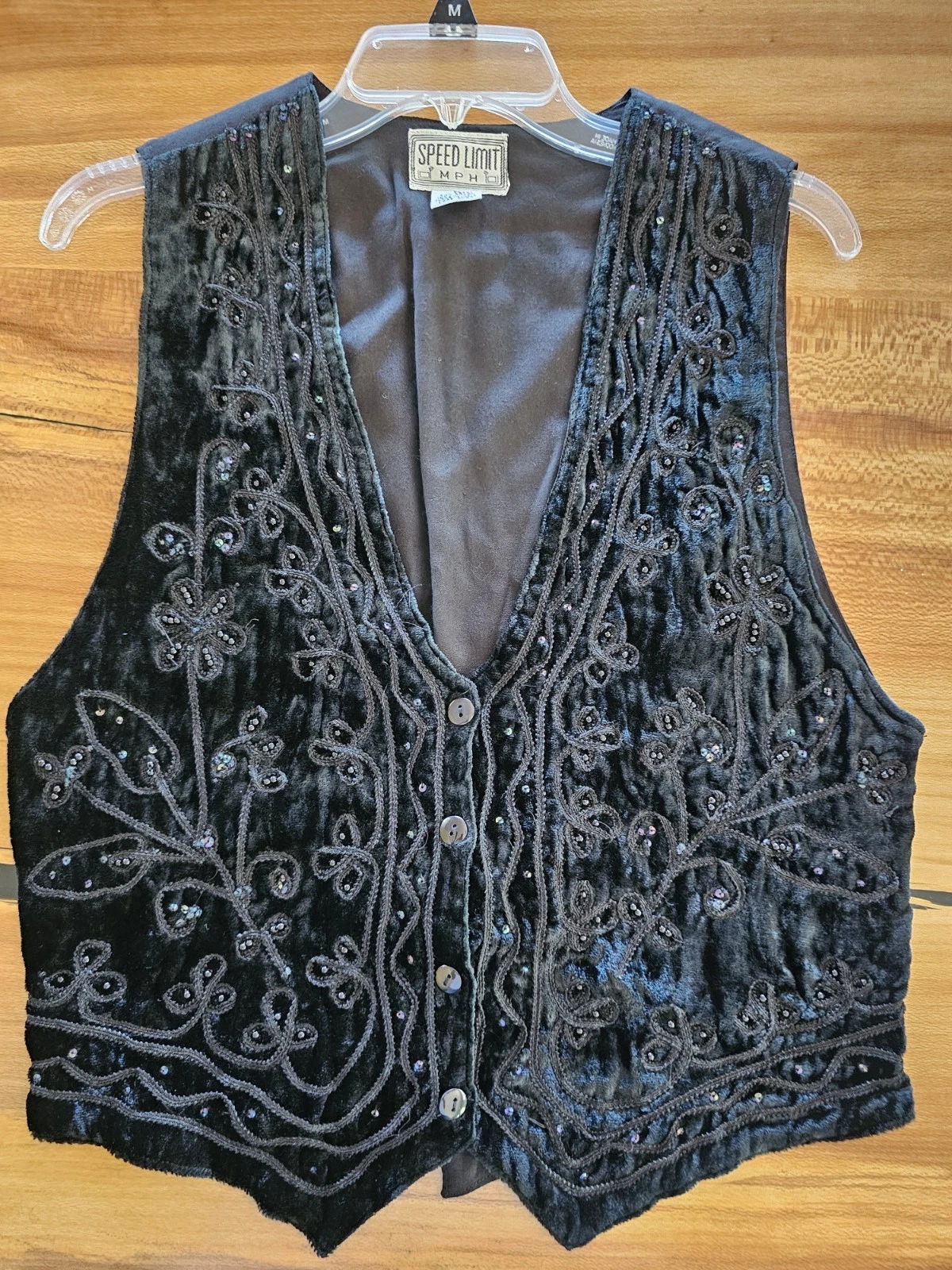 Vintage 90s Y2K Speed LimitVelvet Button Up Vest L Whimsigoth Sequin Dark Fairy