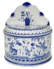 SaltBox Portugal Hand Painted Ceramic Blue Salt Sal Container Floral Animals
