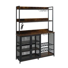 Coffee Bar Cabinet with Power Outlet, Industrial Buffet Cabinet with LED Strip