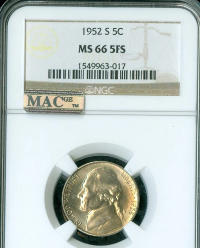 1952 S JEFFERSON NICKEL NGC MS66 FS PQ 2ND FINEST MAC SPOTLESS RARE  *