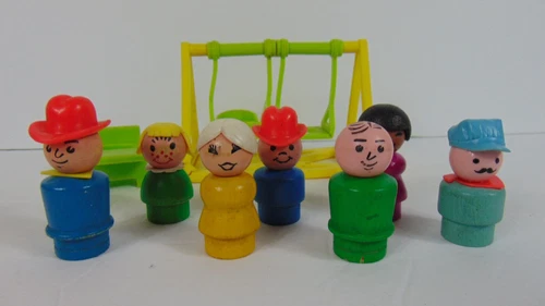 Vtg Fisher Price Little People / Swing / Chair Train Conductor Fireman 9Pc Wood