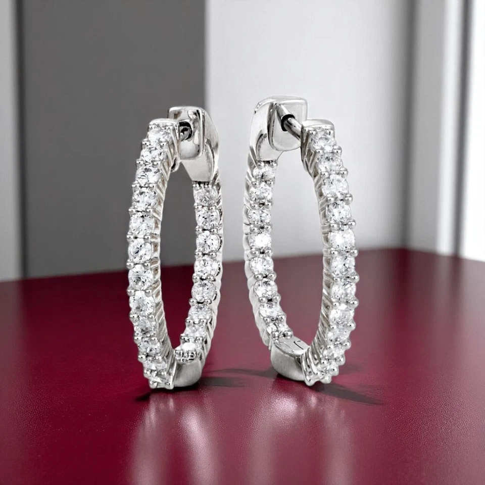 Diamond Women Hoop Earring 14k White Gold Lab Grown 1.00 Ct Round  0.75 inches - Image 2 of 4