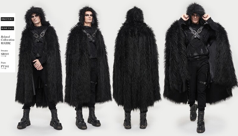 Devil Fashion Men Black Gothic Punk Winter Warm Faux Fur Long