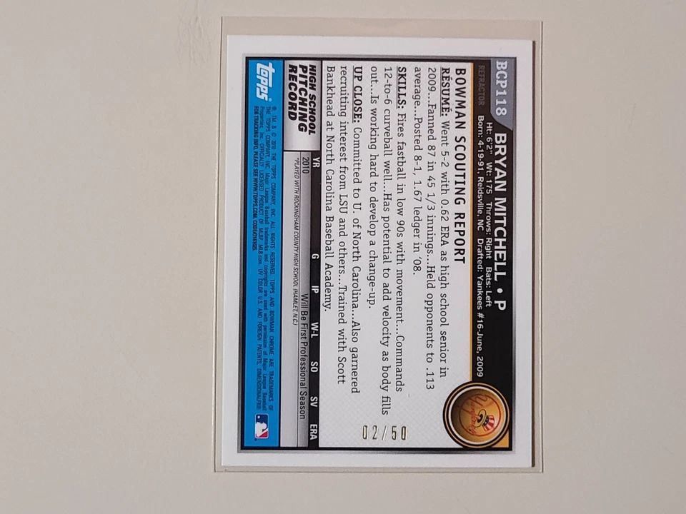 Bryan Mitchell 2010 Bowman Chrome Gold Refractor Prospects AUTO Autograph /50 - Image 2 of 3