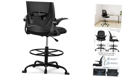  Drafting Chair Tall Office Chair with Flip-up Armrests Executive Black