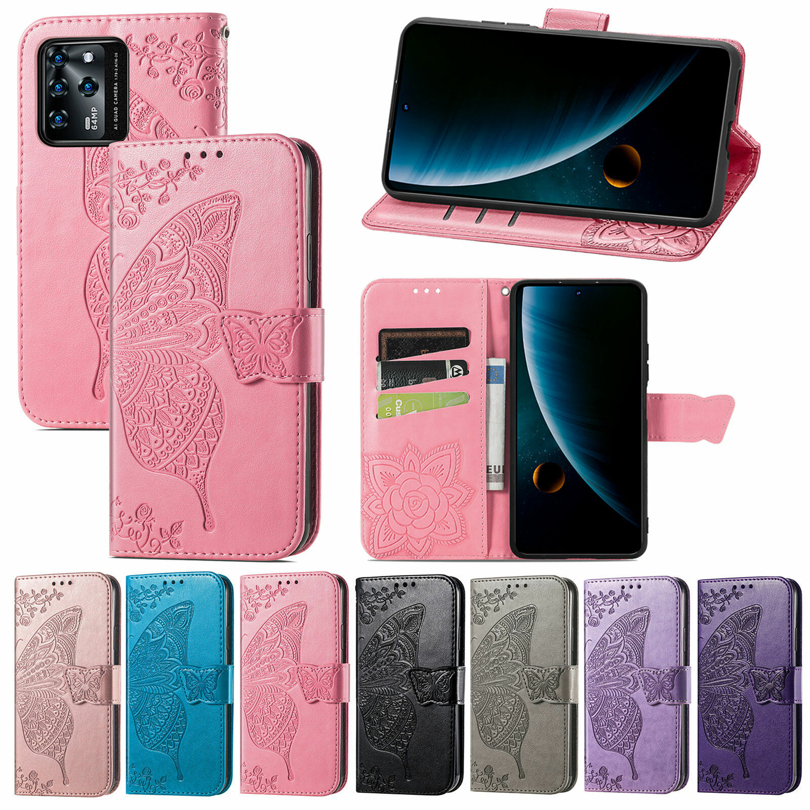 For ZTE Blade V30, Luxury Butterfly Flip Leather Wallet Stand Card Case  Cover