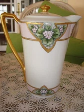 ANTIQUE  KPM CHOCOLATE / COFFEE / TEA POT, ART DECO HAND PAINTED FLOWERS & GOLD 