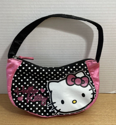 Sanrio Hello Kitty Purse Black Pink Polka Dot Crescent Shaped Bag Small 9 inch