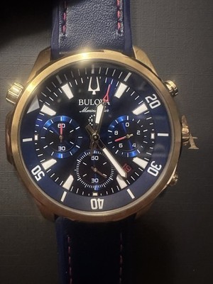 Bulova Marine Star Men's Blue Dial Quartz Chronograph Date, Gold Case, Strap