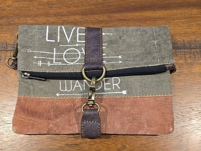 Mona B. Live Love Wander Bag Up-cycled Canvas Cross-body Bag Vegan Leather