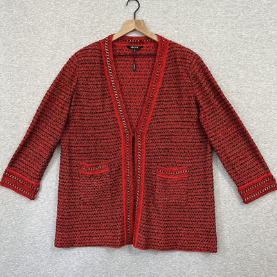 Misook Cardigan Womens Extra Large Red Sweater Open Jacket Holiday Gold Tweed