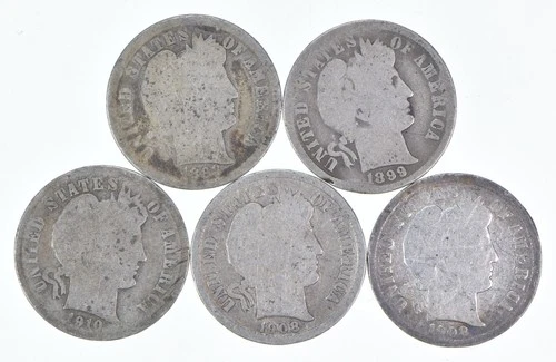 Better Lot 5 1893 1899 1910-D 1908-D 1908-D Barber Dime 0.50 Face *178