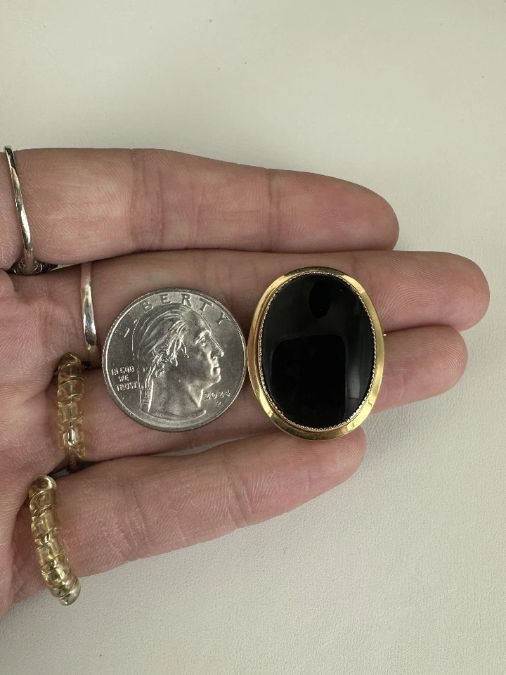 Spilla/Punto In Onice Nero Ovale In Oro 12k Riempito Vintage - Immagine 4 di 4