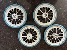 4 Vintage Blue 5” Doll Carriage Stroller Wagon Wheels Metal Spoked Hard Rubber