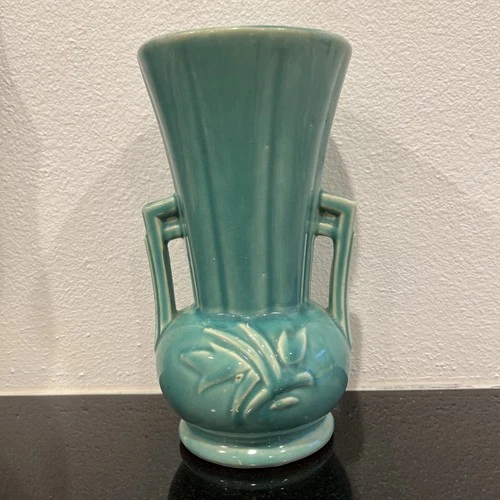 Vtg McCoy USA Pottery Turquoise/Green Double Handle Vase Pedestal Style 8” 1940s