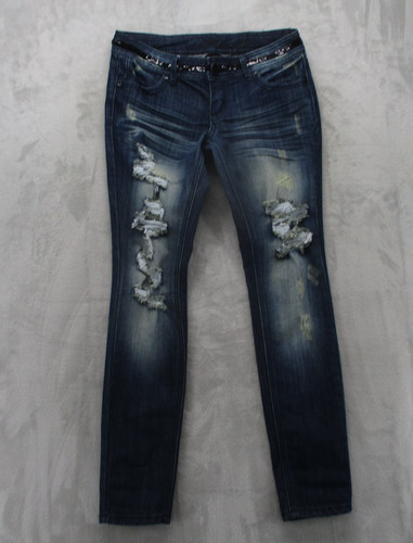 Almost Famous Jeans Womens 9 Distressed Skinny Denim Sequin Belted Pants