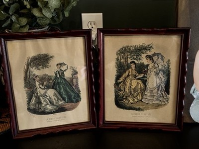 Framed  Set Of 2 French antique hand coloured engraving LA MODE ILLUSTREE 1870