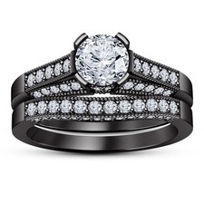 2 CT Round Lab Created Diamond Bridal Wedding Ring Set 14K Black Gold Over