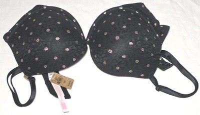 Victorias Secret PINK 36D Bra Black Polka Dot Push Up Underwire