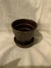 VINTAGE BROWN BASKETWEAVE McCOY POTTERY FLOUR POT WITH ATTACHED SAUCER, 4” Tall