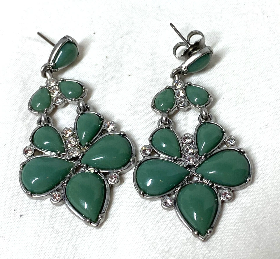 Lia Sophia Silver Tone Dangle Drop Earrings Green Stones Clear Accent - Image 3 of 4