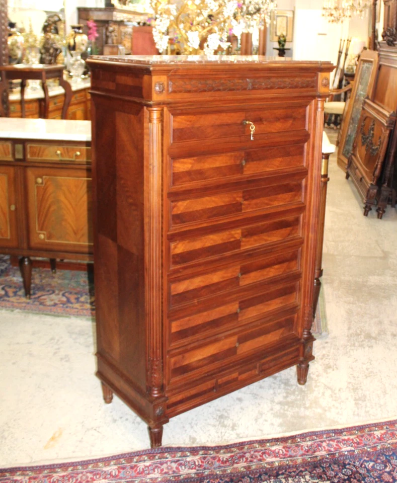 Escritorio de secretaria francés antiguo Luis XVI de nogal | Armario de escritorio con tapa de mármol Foto 2 de 4