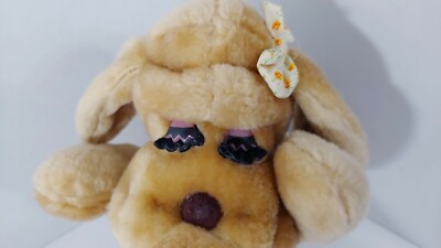 Vintage Plush tan puppy dog sleeping purple eye lids cream orange bow mouth open